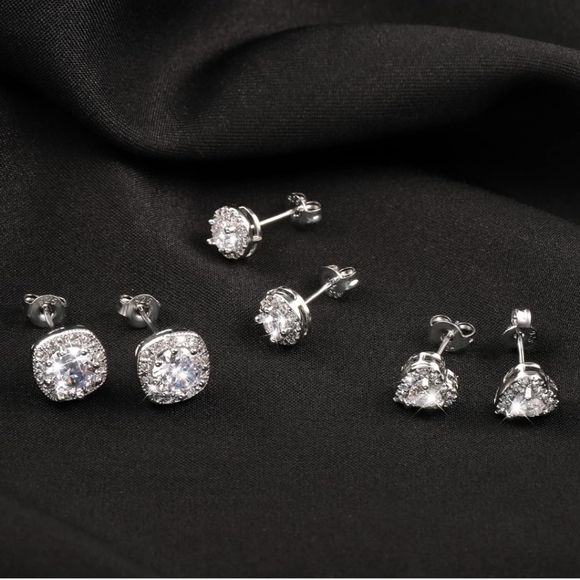 roses_garden Jewelry - Elegant White Gold & CZ Halo Stud Earrings Set Of 3 NWT